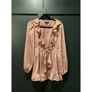 Vici Aeom pink Dante Metallic Ruffle Tie flirty long sleeve v neck Blouse Sz M